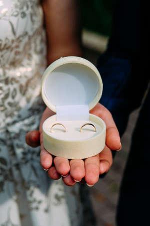 Husband and wife in blue suit and wedding dress getting married and holding wedding ringsの写真素材