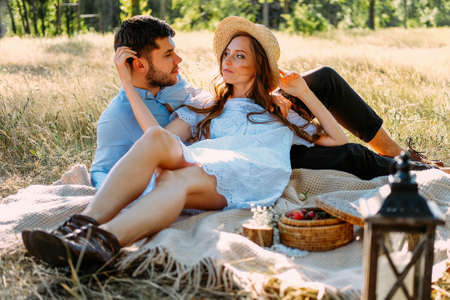 Romantic getaway picnic for two young loversの写真素材