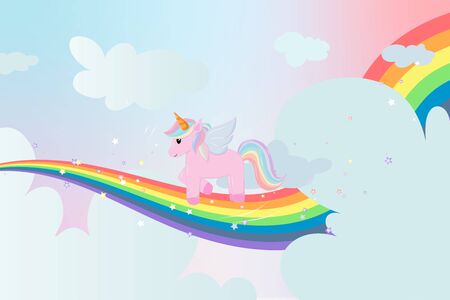 cute unicorn in rainbow and star, pastel sky  background concept.Vector illustration. Wallpaper, flyers, invitation, posters, brochure, banners.のイラスト素材