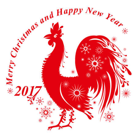 Red Rooster decorated with snowflakes. Red cock vector template for New Year's design. Silhouette of rooster, symbol of 2017.のイラスト素材