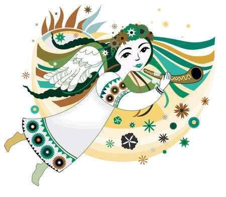 Spring angel flying with the trumpet. Vector illustration.のイラスト素材