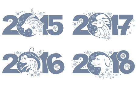 Goat 2015. Monkey 2016. Rooster 2017. Dog 2018. Symbols of the years on the Chinese calendar.のイラスト素材