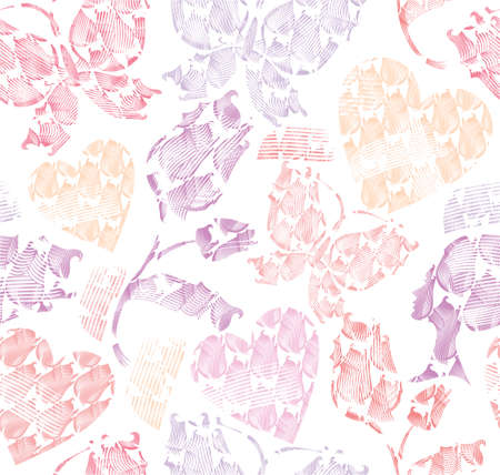 Delicate seamless pattern with butterflies, flowers and hearts.のイラスト素材