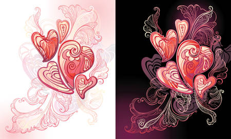 Composition with hearts and an openwork pattern. Two cards, black and white.のイラスト素材