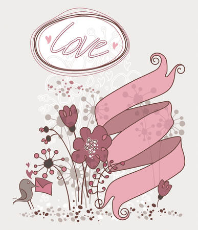 Retro card with ribbon, flowers and loveのイラスト素材