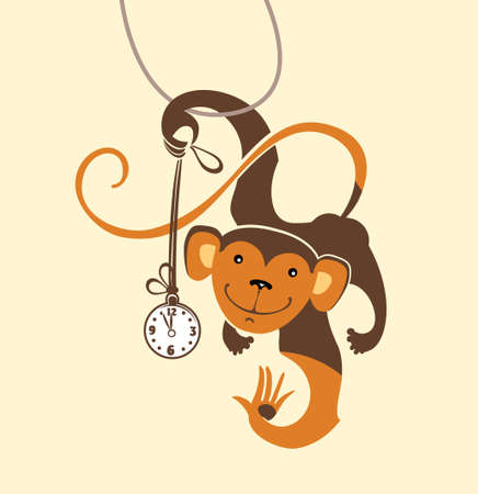 Funny monkey dabbles with the clock. Vector illustration.のイラスト素材