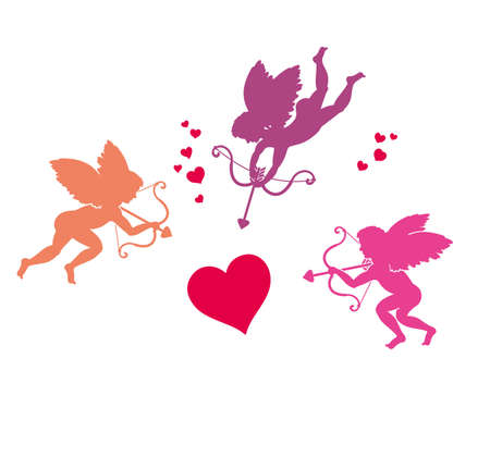 Three cupid and heart. Vector silhouette template.のイラスト素材