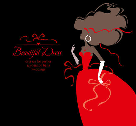Beautiful red dress. Vector illustration of a young woman in a magnificent dress with ribbons.のイラスト素材