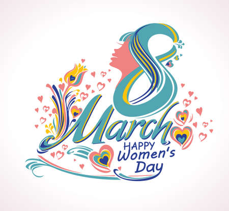 March 8. Vintage chic card with flower and hearts. Stylish vector illustration.