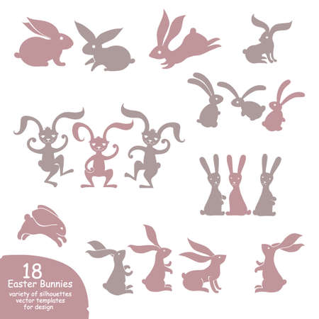 Set of cute Easter bunnies. Vector templates silhouettes of different rabbits in motion.のイラスト素材