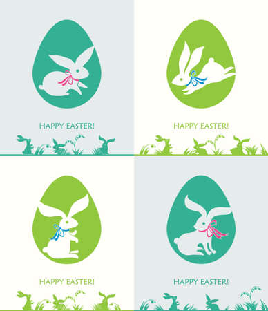 Four cards with Easter bunnies and Easter eggs. Happy Easter!のイラスト素材