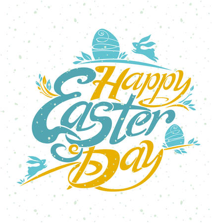Happy Easter Day greeting card. Easter bunnies and gift eggs. Beautiful vector illustration for holiday.のイラスト素材
