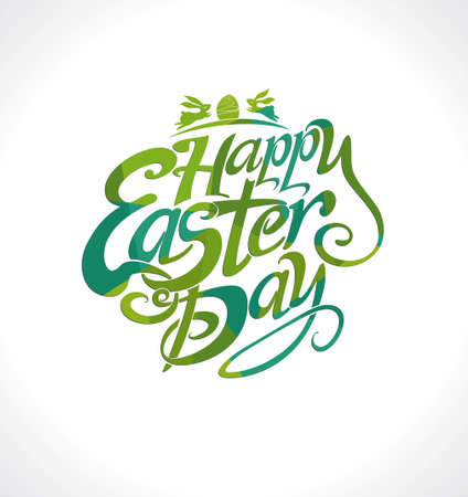 Happy Easter Day handwritten template for holiday. Beautiful green vector lettering.のイラスト素材