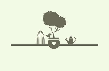 Houseplant, watering can, cage and songbird. Vector flat template. Silhouette illustration.のイラスト素材