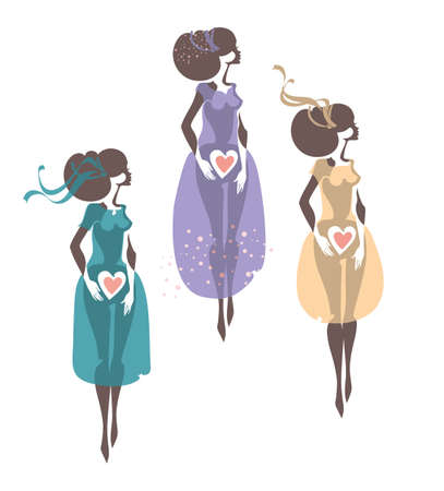 Three girls in silk dresses. Spring Summer Collection. Retro fashion illustration.のイラスト素材