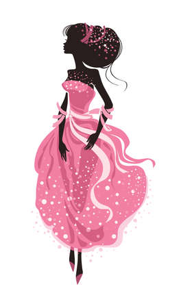 Silhouette young woman in glittering dress in red pink silk. Fashion for graduation balls, bridesmaids, parties and others.のイラスト素材