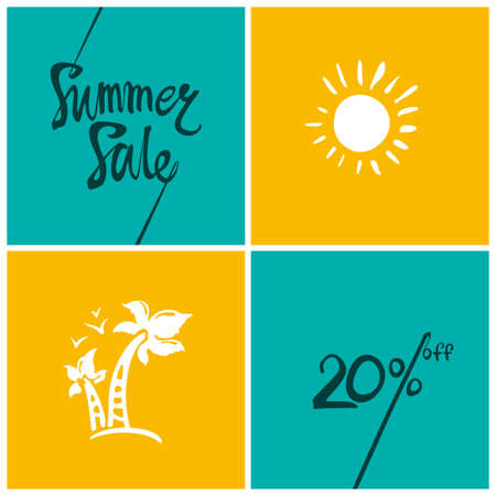 Summer Sale.20%. Bright turquoise and yellow squares information poster.のイラスト素材