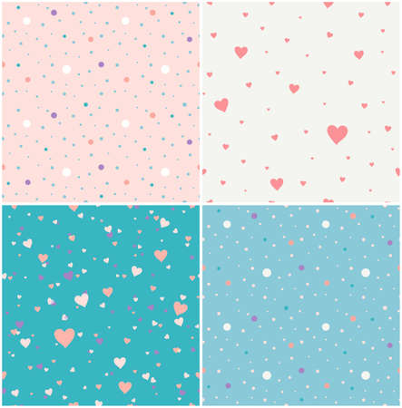 Set of cute patterns with hearts and polka dots to create seamless backgrounds.のイラスト素材
