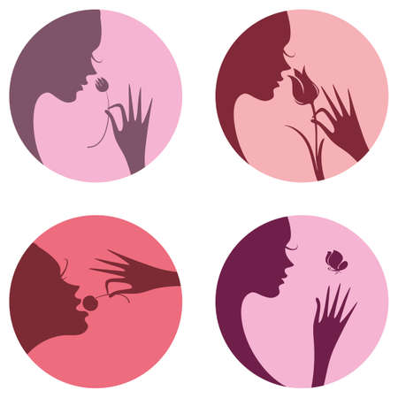Four icons female face silhouette. Beauty is youth and nature. Vector flat design.のイラスト素材