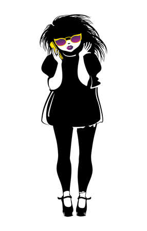 Fashionable girl talking on a smartphone. Vector illustration of a flat design template.のイラスト素材