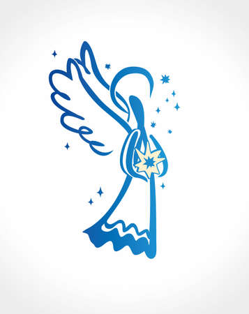 Angel holds the star in his hands. Simple Angel vector illustration of a free hand line.のイラスト素材