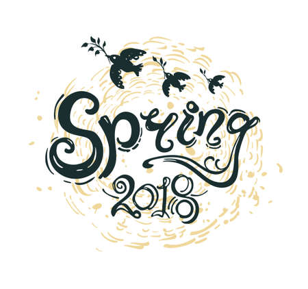 Spring 2018 handwriting lettering design. Vector illustration with inscription and birds with twigs and rays of the sun isolated on white background.のイラスト素材