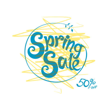 Spring Sale 50% off hand drawn inscription round symbol. Vector green handwriting template.のイラスト素材
