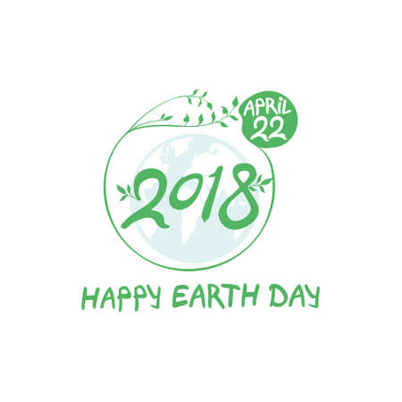 Concept 2018 Earth Day, April 22. Happy Earth Day poster. Round green vector template earth ball with hand drawn lettering isolated on white background.のイラスト素材