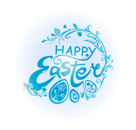 Happy Easter. Typography design of the vintage inscription with a spring branch and Easter eggs. Vector beautiful postcard.のイラスト素材