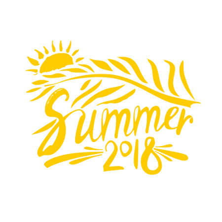 Summer 2018 hand drawn yellow inscription and palm leaf and sun vector design icon template.のイラスト素材