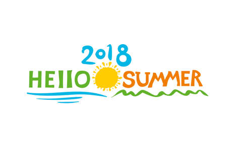 Bright summer symbol. Hello Summer. 2018. Graphic inscriptions with a sun and line water and green. Vector seasonal logo.のイラスト素材