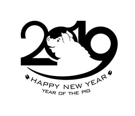 Year of the Pig 2019. Happy New Year. Black template 2019 with a silhouette of a smiling pig. Flat pattern isolated on white background. Vector illustration.のイラスト素材