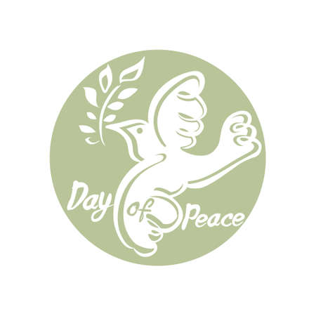 Day of Peace. Round olive green template with dove and branch. Hand drawn naive illustration. Flat design.のイラスト素材