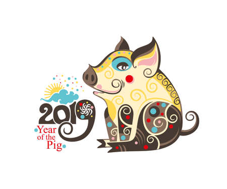 Chinese Zodiac Sign Pig 2019. Happy Chinese New Year 2019 year of the pig.のイラスト素材