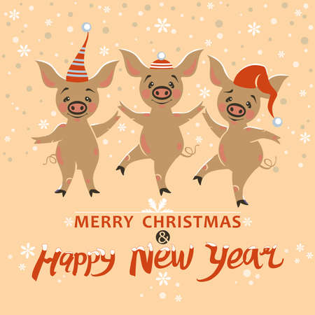 Christmas card with three pigs. Holiday hats in the snow Cute illustration with cartoon pigs. Happy New Year! Year of the Pig 2019.のイラスト素材
