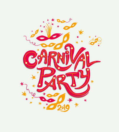 Carnival Party. Title with Colorful Masks ribbons and stars confettii. Vector themed logo Carnival 2019.のイラスト素材