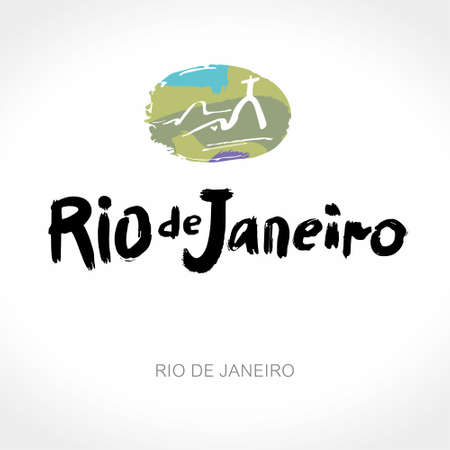 Rio de Janeiro hand drawn lettering calligraphy and abstract landscape. Modern brush ink. Brazil hand drawn vector illustration. Isolated on white background.のイラスト素材