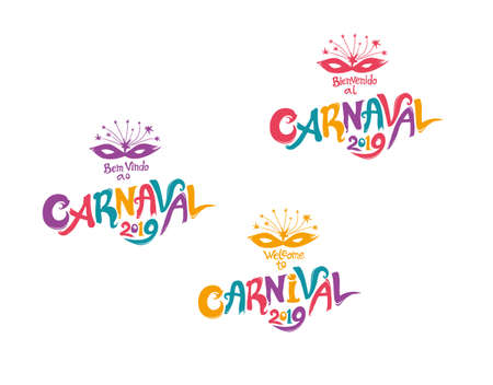 Welcome to Carnival 2019. A set of three bright multicolored carnival logos in three languages. Logo in Carnival, Carnaval. Vector handwritten logo with masks.のイラスト素材