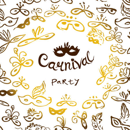 Card Carnival party inscription in a frame of painted masks. Beautiful masks of lace. Vector background party mask.のイラスト素材