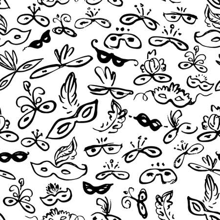 Seamless pattern of a variety of carnival masks. Beautiful black masks of lace. Mask for a masquerade. Vector background party mask.のイラスト素材