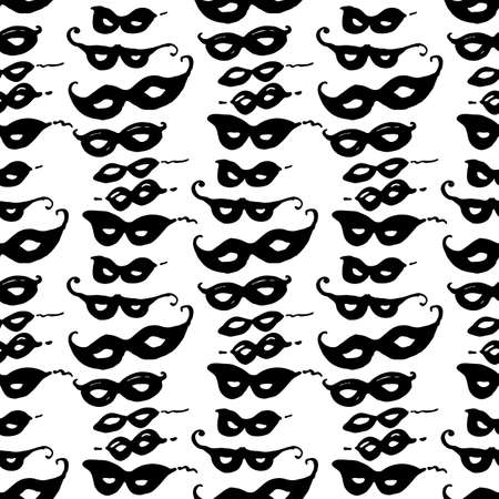 Mask. Seamless hand draw pattern carnival masks. Black masquerade masks on a white background graphic background.のイラスト素材