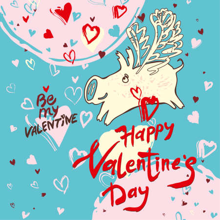 Funny doodle card Happy Valentine's Day in 2019 pig. Handwritten inscription and white pig with wings and airy fly. Vector graphics imitation of drawing with a rough brush.のイラスト素材