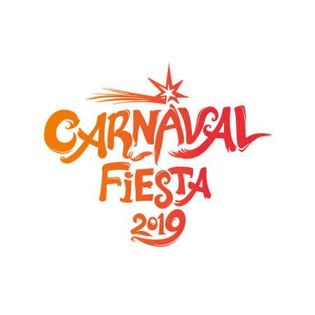 Carnaval Fiesta 2019. logo in spanish. Translated as Carnaval party 2019. Hand drawn vector template with firework star. Vector pattern isolated on white.のイラスト素材