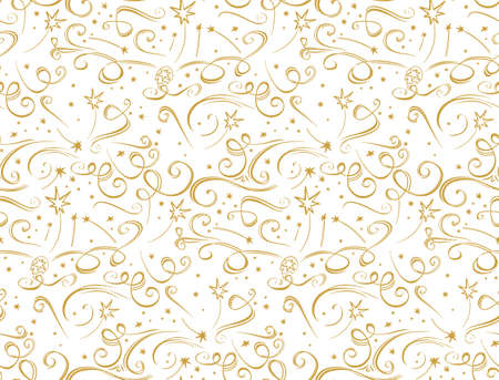 Graphic seamless pattern of firework stars and ribbon confetti. Vector template for festive design. Elegant Swirl background.のイラスト素材