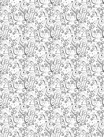 Graphic seamless pattern of firework stars and ribbon confetti. Monochrome vector for festive design. Elegant Swirl background.のイラスト素材