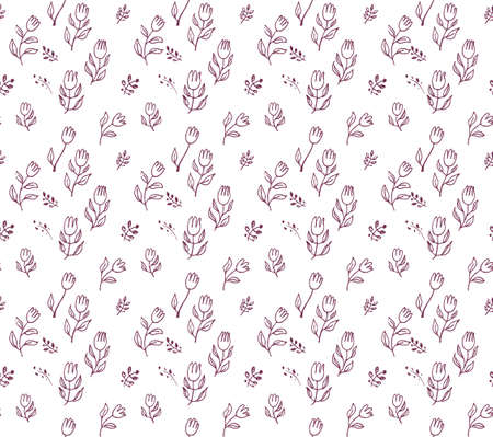 Seamless pattern of hand drawn pink tulips. A line of art flowers.のイラスト素材