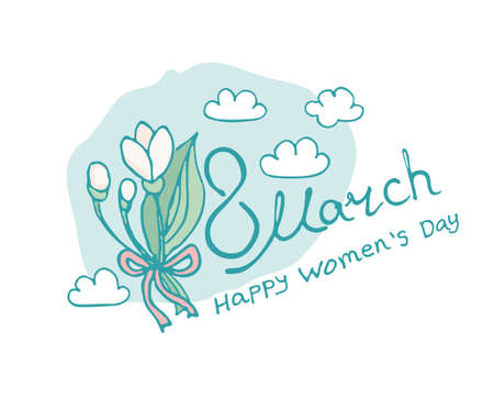 Happy Women's Day. March 8 letterings design. Elegant templates for spring design blooming snowdrops and clouds.のイラスト素材
