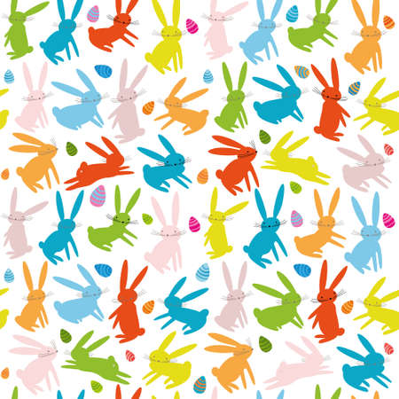 Colorful rabbits and easter eggs. Animal pattern. Easter bunnies vector background.のイラスト素材