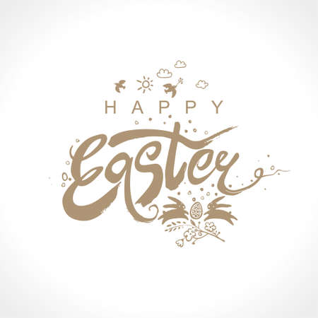 Happy Easter. Vector illustration easter logo dry brush painting. Easter bunny, inscription and easter egg.のイラスト素材