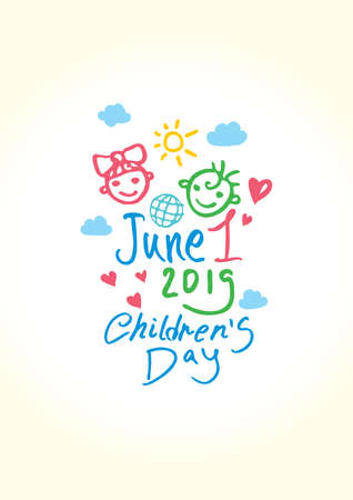 Happy Children's Day. Doodle Holiday Illustration to the International Children's Day. The logo is drawn by color markers. Children Art style sketch. Vector logo with funny baby faces by June 1, 2019.のイラスト素材